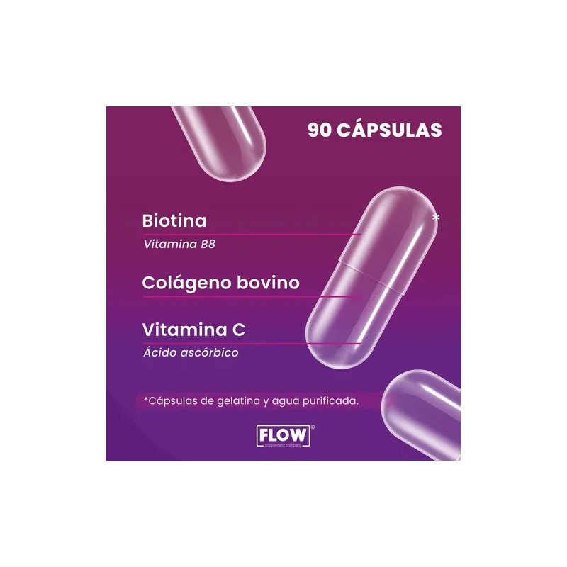Biotina Colágeno Vitamina C 90 Cápsulas Flow Sin sabor
