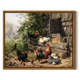 InSimSea Framed Canvas Wall Art Funny Running Chicken and Chicken Coop Wall Decor Rustic Farmhouse Painting Country Wall Prints Bedroom Chick Artwork Rooster Pictures for Living RoomBathroom 9x11in
