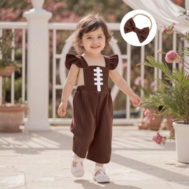Toddler Baby Girl Clothes Bib overall Romper Football Embroidery One Piece Outfit Headband Set (Brown, 2-3T)