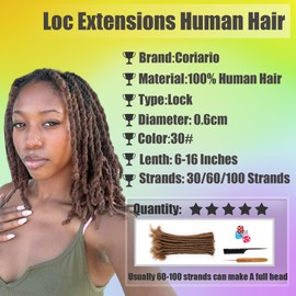 Coriario 12 Inch Natural Locs Extensions Human Hair 30 Strands 0.6cm 30# Dreadlock Human Hair Dread Locks Extensions for Men/Women/Kids Brown