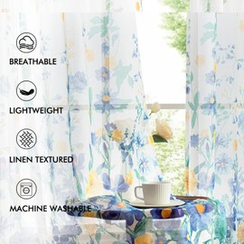 MIULEE Dusty Blue Printed Semi Sheer Linen Textured Curtains 96" Long 2 Panels Set for Bedroom Living Room Floral Printed Rod Pocket Tulle Light Filtering Spring Flower Pattern Window Drape 52" x 96"