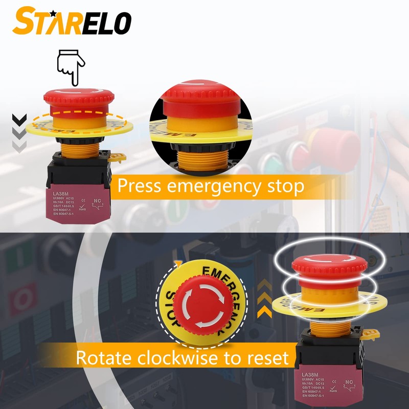STARELO 22MM 1NC Red Mushroom Emergency Stop Latching Push Button
