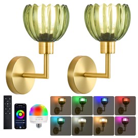 Vintage Battery Operated Wall Sconce Set of 2,Gold Wall Sconce with Remote Control & Glass Lampshape,Wireless Wall Lamp 12 Color Rechargeable Battery Powered Wall Lights for Bedroom Living Room