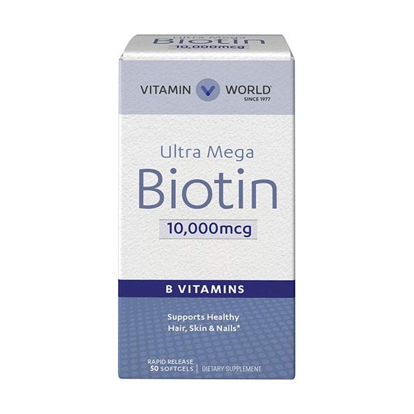 Vitamin World Ultra Mega Biotin 10,000 mcg. 50 Softgels, Vitamin B, Supports Healthy Hair, Skin and Nails, Rapid-Release, Gluten Free