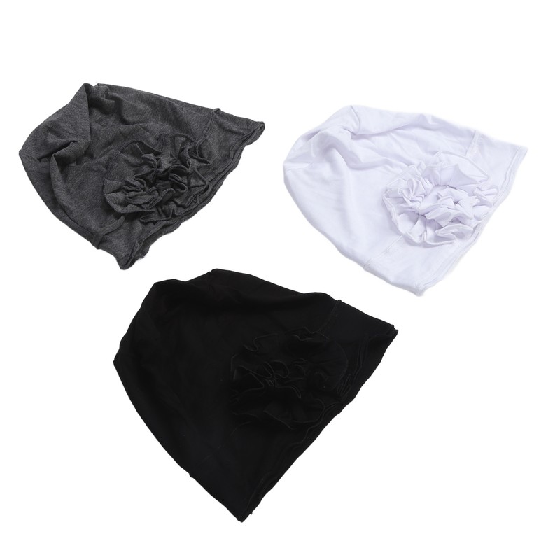 Women Turban Flower Cap Balck White and Gray Pure Color