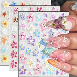 Summer Flower Nail Art Stickers Decals 5D Micro Embossed Hawaiian Flowers Nail Decals Tropical Ocean Starfish Summer Nail Stickers Lily Hibiscus Design Floral Nail Supplies for Acrylic Manicure 3Pcs