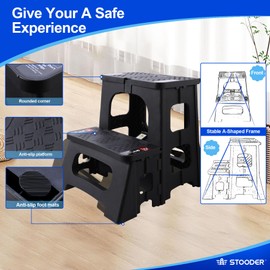 STOODER Folding 2-Step Stool - Upgraded Stable A-Frame, Safety Lock, Anti-Slip Rubber Feet, 300lb Capacity, No Assembly - 8" 17" Step Stools for Kitchen, Bathroom, Bed, RV, Home, Office (Black)