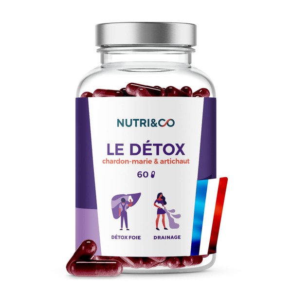 Nutri&Co Detox Liver Colon Intestin Detox - Powerful and Fast Detox Treatment - Marie Thistle and Artichoke Extracts - Drainer and Toxin Removal - 60 Vegan Capsules - Made in France