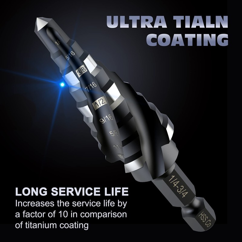 M35 Cobalt Four Spiral Flute Step Drill Bits,1/4”-3/4"(9 Step Size)