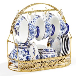 fanquare Porcelain Tea Sets,Blue British Coffee Cups& Saucer Service for 6, with Teapot,Sugar Bowl,Creamer Pitcher and Golden Metal Rack