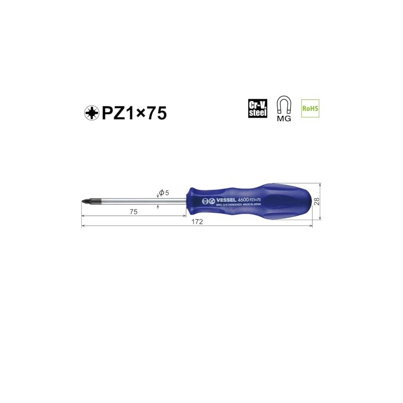 Vessel Posi-Drive Screwdriver PZ1 x 75 4600