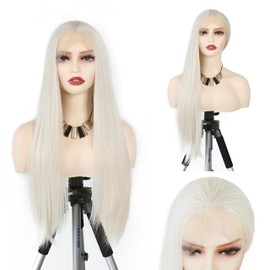 WXHWCX Long Daily White Blonde Synthetic Lace Front Wig #60 Straight Free Part Heat Resistant Fiber Hair Glueless Lace Wigs For Women 24inch