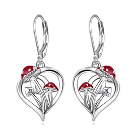 VONALA Mushroom Earrings 925 Sterling Silver Heart Leverback Earrings Cute Mushroom Accessories Drop Dangle Earrings Jewelry Gift for Women Girls