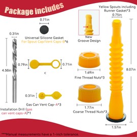 Gas Can Spout Replacement, Gas Can Nozzle, (3 Kit/25 Pcs) Flexible Pour Nozzle Suitable for Most 1/2/5/10 Gal Oil Cans, Fuel Can Spout Replacement with 6*Screw Collar Caps(3*Coarse Thread& 3*Fine Thread),Gas Cans Vent Caps,Thick Rubber pad,Spout Cover,Drill Lid