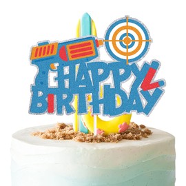 1 Pcs Glitter HAPPY BIRTHDAY Nerf Theme Cake Topper,Gun for Target Birthday Party Cake Decoration,Dart War Cake Topper Cake Picks for Boys