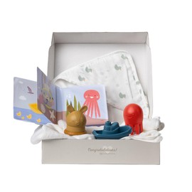 Taf Toys Baby Bath Time Gift Set. Includes Bath Book, Cotton Hooded Towel, Squirting Bath Toys, Boat Toy. 5 piece Newborn Bath Time Essentials Kit for Babies. Suitable for Baby Boys & Girls 0 months +