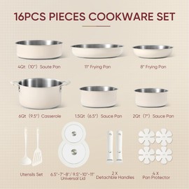 CAROTE 16Pcs Stainless Steel Cookware Set With Detachable/Removeble Handle Set, Space Saving Pots and Pans Set, RV Camping Set, Outer Ceramic Layer Nonstick, Dishwasher/Oven Safe, Kitchen Cooking Set