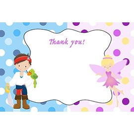 30 Thank You Cards Blue White Purple Polka Dots Pirate Fairy Design Baby Shower Birthday Twins Siblings Party + 30 White Envelopes