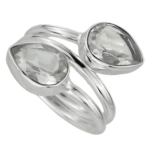 I-be, Rock Crystal Gemstone Ring with Two Faceted Drops 925