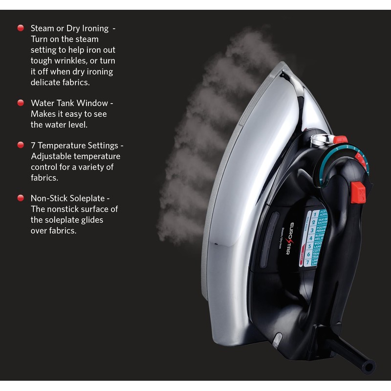 EUROSTAR IR900CL Classic Steam/Dry Anti-drip Iron, Black