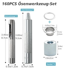 Annickee Eyelet Set, 10 mm Eyelet Pliers Kit, Eyelet Tool Kit Including Hole Tool, Mounting Tool, Base, Eyelet Pliers, Metal Eyelets, Eyelet Set for Tarpaulin/Leather/Fabric/Curtain (160 Silver)