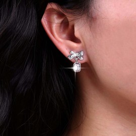 TseenYi Boho Bow Dangle Earrings Pink Crystal Square Earrings Silver Ribbon Bow Earrings Vintage Square Gemstone Earrings Bridal Bowknot CZ Drop Earrings Jewelry Gifts for Women Girls