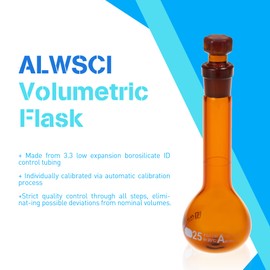 ALWSCI Pack of 2 25 ml Amber Volumetric Flasks, Ball Glass with Glass Stopper, 3.3 Borosilicate Glass, Class A, White Graduation, Volumetric Flask for Laboratory School Project