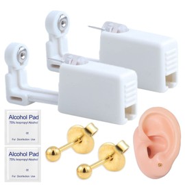Suskriyocic 2 Pack Self Ear Piercing Gun Kit with Built-in Earring Disposable Ear Piercing Gun Asepsis No Pain Safety Self Ear Piercing Gun Kit Tool for Girl Women Men Golden