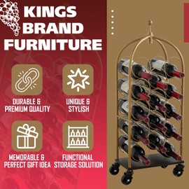 Kings Brand Furniture - Luggage Cart Wine Rack, Freestanding Floor Metal Wine Rack, Wine Bottle Holders Stands (Gold/Black)