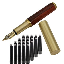 Pluma estilográfica de madera de latón hecha a mano, tamaño pequeño, 85 mm, con 20 cartuchos de tinta negra, textura marrón y roja                    