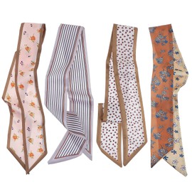 Sorcristy Fashion Scarves for Women, 4PCS Purse Scarf for Handbags, Boho Scarves Headbands Satin Scarf for Women Hair, Neck, And Bag Accessories (Khaki, White, Brown, Grey)