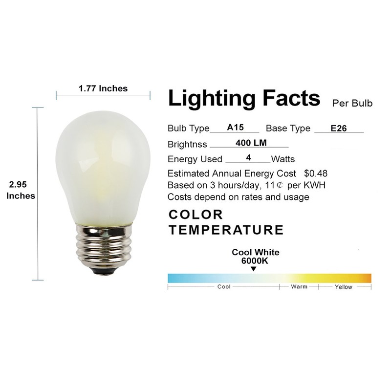 OPALRAY A15 Style Mini Globe Bulb, Frosted Glass Housing, Cool