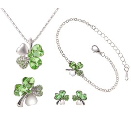 Phoenix Lucky Four Leaf Crystal Clover Necklace & Bracelet & Earrings & Brooches Total 4 Piece Set, Quartz