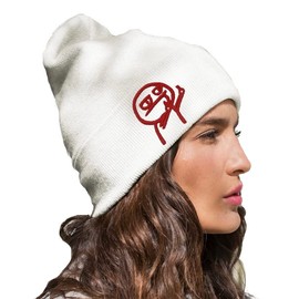 Outfitfabrik Men's Beanie in Cream/White with 3D Embroidery in Bordeaux Red (Warm Winter Hat, Gift, Statement), for Men and Women, One Size, Stretchy, White