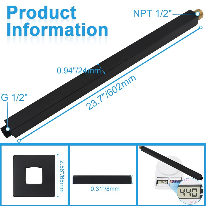 Shower Arm with Flange 24 Inches Ceiling Mount Square Straight