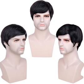 BECUS Short Straight 100% Remy Human Hair with Bangs Brazilian Hair Full Wigs for Men Male Guy with Free Cap (Natural Black #1B)