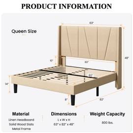 SHA CERLIN Queen Size Bed Frame with Geometric Wingback Headboard, Upholstered Platform Bed with Wooden Slats Support, 8" Under-Bed Space, No Box Spring Needed, Easy Assembly, Beige