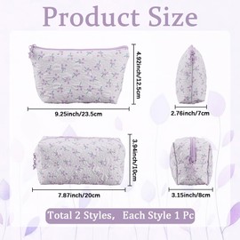 CABODYALS 2Pcs 2 Styles Floral Makeup Bag Set Cute Flower Zipper Make Up Cosmetic Pouch Polyester Portable Storage Quilted Toiletry Organizer Cloth Clutch Bags for Women Travel Accessories, Purple