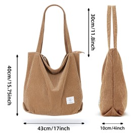 KALIDI Thicken Corduroy Totes Bag Extra Large Capacity Handbags Shoulder Bags with Zipper Cord Tote Bag for Women Ladies Girls Casual Shopping Bag for Work School College Daily Use (Khaki)