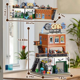 BrixVibe City Car Repair Shop Building Sets, Auto Repair House Convenience Store Restaurant Modular with Light for Boys and Adults