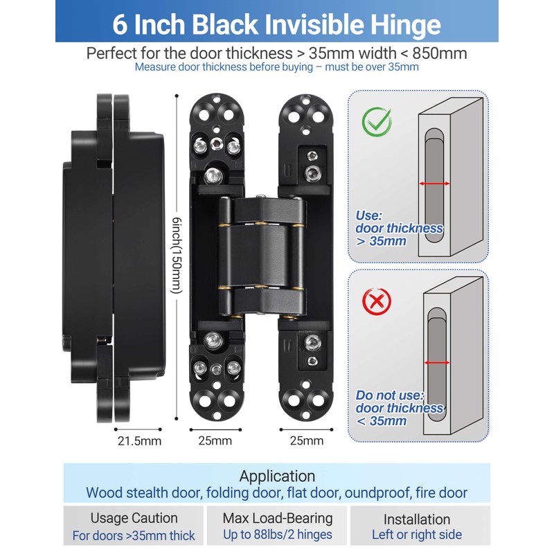 Upgraded Invisible Door Hinges (2 pcs) -6 Inch Black Hidden
