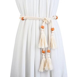 NONGFUGE Fashion Simple Natural Cotton long Waist Rope Tie Belt Bohemian Boho Medieval For Women Beach Dress Pants with Tassels Braided Woven Bead