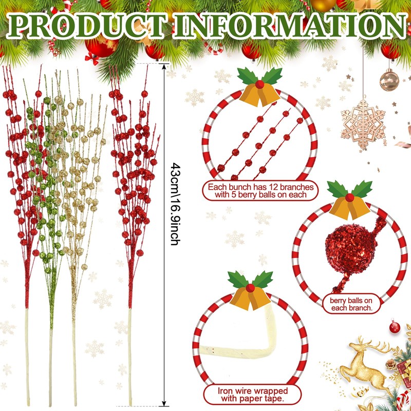 Wavyknot 36 Bundles Christmas Glitter Berry Stem Ornaments 16.9'' Fake