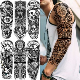 COKTAK 21 Sheets of Extra Large Black Temporary Tattoos for Men & Women, Greek Myth / Maori Warrior / Compass Temporary Tattoo Sleeves, 8 x Sheets of Full Arm Tattoos for Men & 13 x Sheets for Women