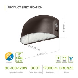 ASD 80/100/120W LED Wall Pack Light Round with Dusk to Dawn Photocell, Up & Down Adjustable, 17000LM 3000/4000/5000K 120-277V 14 Inch, 0-10V Dimmable Wall Lights for Outdoor, UL DLC Premium, Bronze