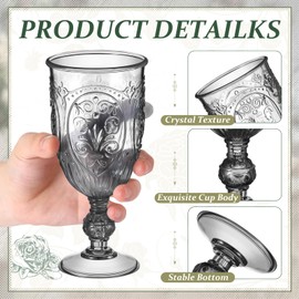 Wiwiqing 6 Pcs Plastic Goblets 7.5oz Vintage Goblet Plastic Wine Glasses Colored Retro Embossed Water Goblets for Wine Bar Juice Baby Shower Wedding Reception Grand Event Party (Black)