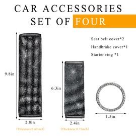 Gasedin 4 PCS Bling Seat Belt Shoulder Pads, Rhinestones Car Seat Belt Cover with Handbrake Cover Start Button Ring, Sparkling Seatbelt Shoulder Pad for Most Cars, Car Accessories (Silver)