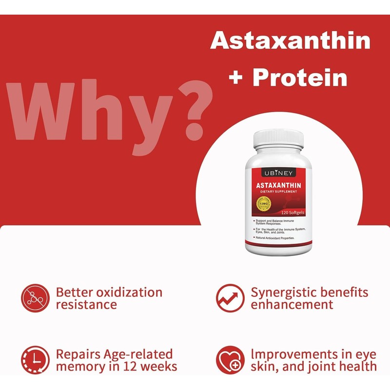 Ubiney Premium Astaxanthin Supplements 12mg， Softgels 120 Servings, Supports Immune,
