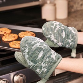 Alselo Mini Silicone Oven Mitts, Heat and Slip Resistant Kitchen Gloves 2-Pack Set, Birds Flower Soft Short Oven Mittens, Flexible Thick Pot Holders for Safe Cooking Baking and Grilling (Mini, Aqua)