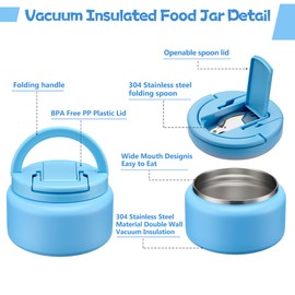 BABHAMNESS 13.5oz Soup Thermo for Hot Food Kids Insulated Vacuum Food Jar with Buckle Lid,Wide Mouth Leakproof Stainless Steel Lunch Container with Spoon-Blue